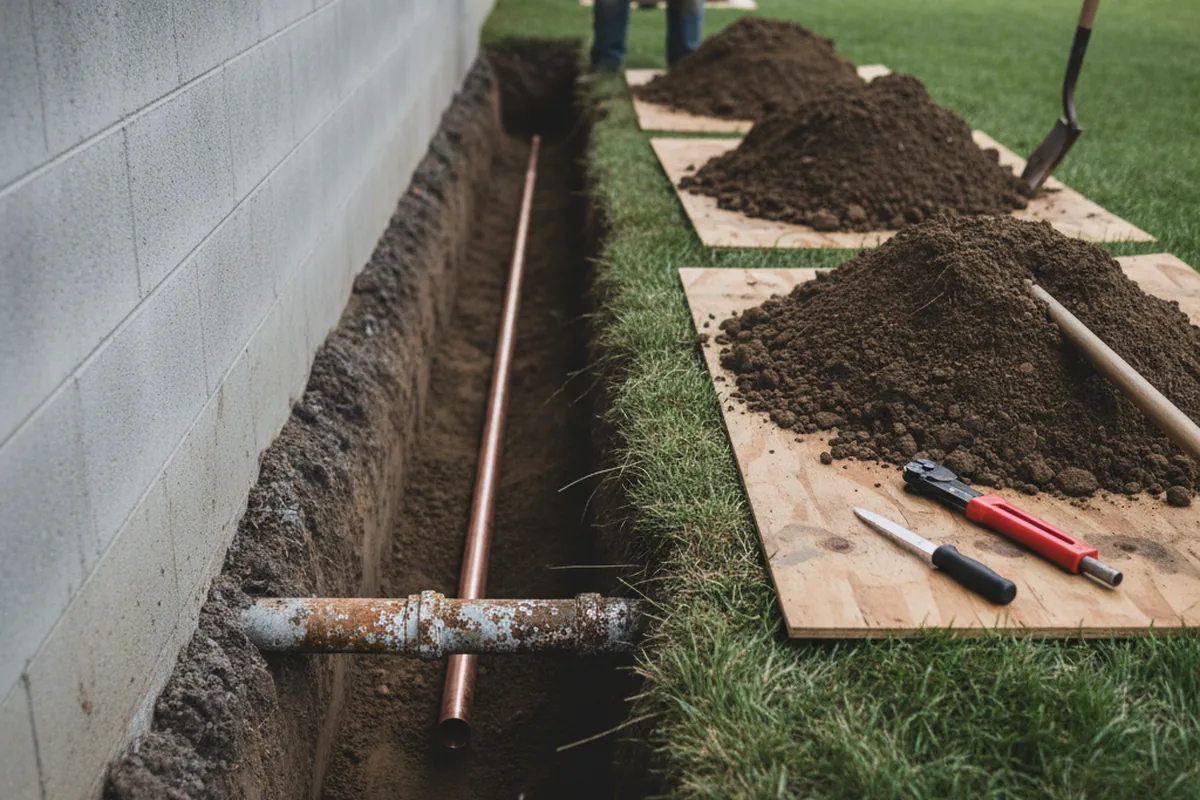 Excavated water line trench during Water Softener Installation in Cookson